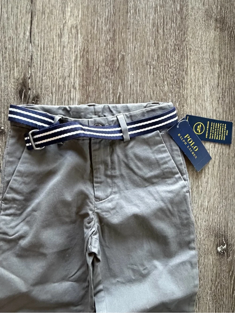 Polo by Ralph Lauren Gray Boys Chino Pants with Striped Belt - Picture 2 of 5